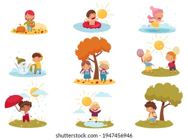 Kids Enjoying Four Seasons Ice Skating, Playing Badminton, Swimming and Harvesting Vector Set