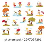 Kids Enjoying Four Seasons Playing at Nature Big Vector Set