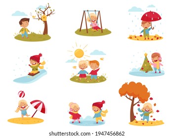 Kids Enjoying Four Seasons Playing Snowball Fight, Walking with Umbrella and Sledging Downhill Vector Set