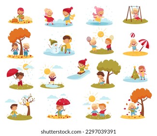 Kids Enjoying Four Seasons Playing at Nature Big Vector Set - Shutterstock ID 2297039391