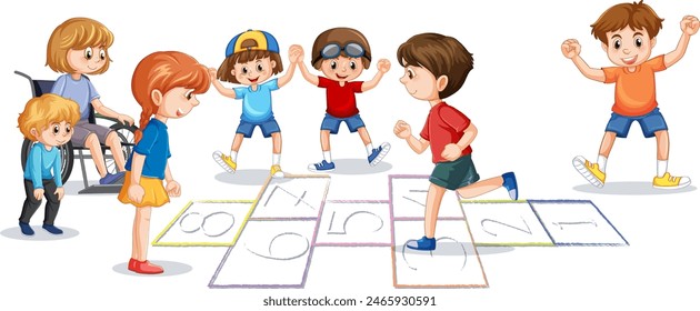 Kids enjoying hopscotch game on a sunny day