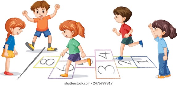 Kids enjoying hopscotch game on a sunny day