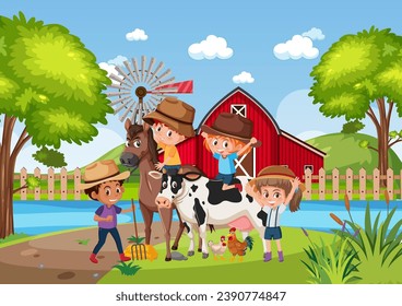 Kids enjoying a horse and cow ride in the countryside