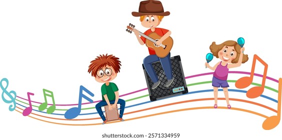 Kids enjoying music with instruments and notes