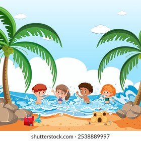 Kids enjoying the ocean and building sandcastles