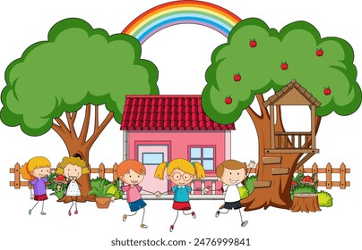 Kids enjoying outdoors near a treehouse