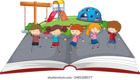 Kids enjoying a playground from an open book