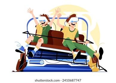 Kids Enjoying Rollercoaster Ride in VR glasses, vector illustration. Depicts excitement and thrill of amusement park adventures