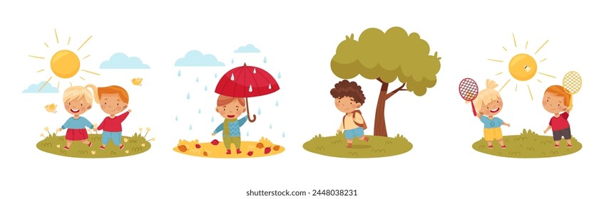 Kids Enjoying Season Walking at Nature Vector Set