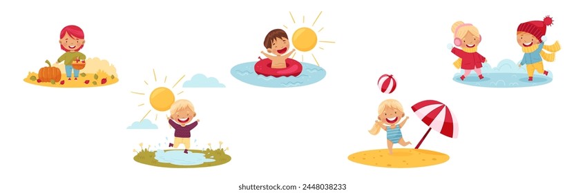 Kids Enjoying Season Walking at Nature Vector Set