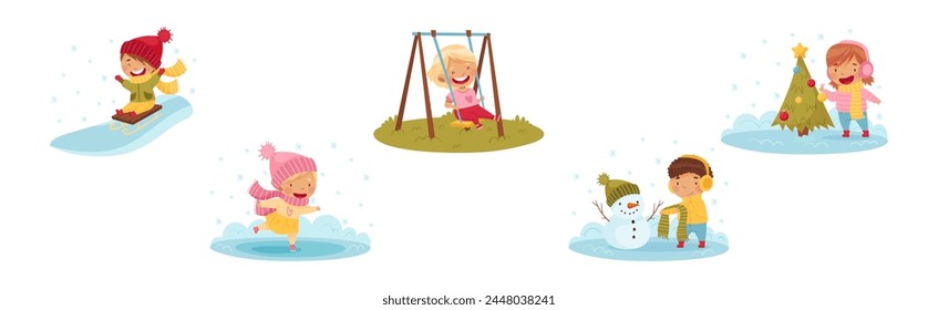 Kids Enjoying Season Walking at Nature Vector Set