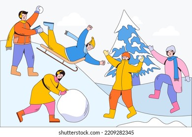 Kids enjoying seasonal winter activities in park, girl making a cute snowman, jumping, boy riding sledding slide, throw snowball. Cartoon characters with outline. Vector illustrations.