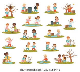 Kids Enjoying Spring Warm Season Playing at Nature Vector Set