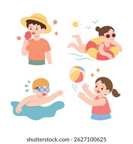 Kids enjoying summer activities: eating ice cream, swimming, playing with a beach ball, and floating on a swim ring under the sun. Vector illustrations set.
