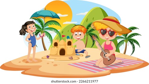 Kids enjoying summer holiday on the island illustration