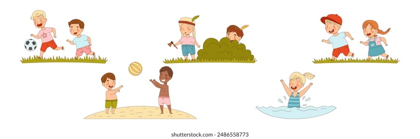 Kids Enjoying Summer Season Playing at Nature Vector Set