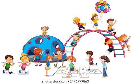 Kids enjoying various activities in a playground