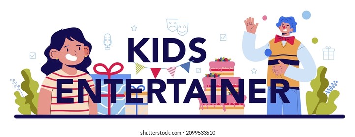 Kids entertainer typographic header. People celebrating children birthday, clown or illusionist show. Event host entertaining guests. Flat vector illustration