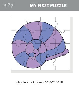Kids entertaining game with a sea shell puzzle piece in a vector illustration of marine life - my first puzzle