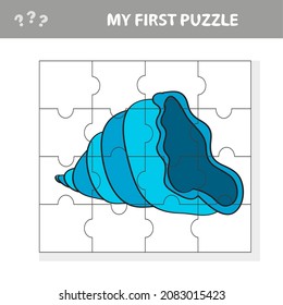 Kids entertaining game with a sea shell puzzle piece in a vector illustration of marine life - my first puzzle