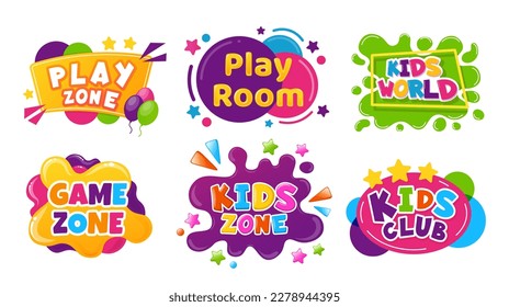 Kids entertainment badges. Cartoon colorful banners with balloons, splashes and start for playroom or game zone. Kids club or world bright elements isolated on white. Childish party vector set