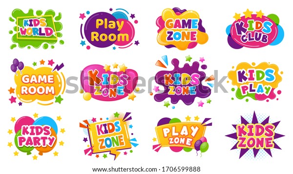 Kids entertainment badges. Game room party labels,\
children education and entertainment club elements. Baby playing\
zone vector illustration set. Playroom area, child and kids zone\
for game