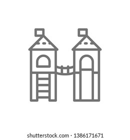 Kids entertainment complex with tower castle and ladder line icon.