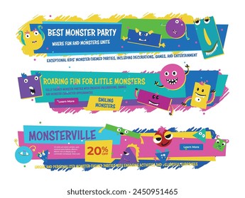 Kids entertainment monster party sale banner landing page design template set vector illustration. Childish birthday playroom leisure activity advertising with funny fantasy creature announcement