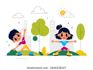 Kids Exercise Vector Illustration Featuring Various Types of Healthy Exercise Movements to Maintain Health and Fitness in a Flat Style Background
