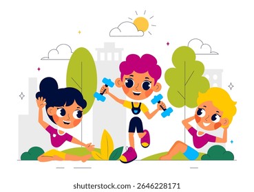 Kids Exercise Vector Illustration Featuring Various Types of Healthy Exercise Movements to Maintain Health and Fitness in a Flat Style Background