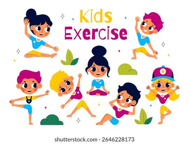 Kids Exercise Vector Illustration Featuring Various Types of Healthy Exercise Movements to Maintain Health and Fitness in a Flat Style Background