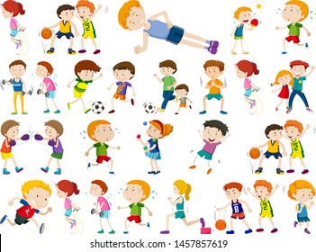 Kids exercising and being active in set illustration