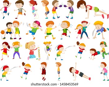 Kids exercising and being active in set illustration