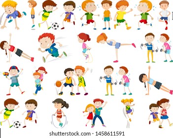 Kids exercising and being active in set illustration