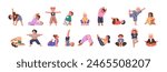 Kids exercising yoga. Children in asana and gym poses set. Cute little girls and boys, healthy sport activity. Child characters, toddlers stretch. Flat vector illustration isolated on white background