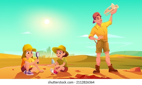 Los niños exploran arqueología y dino fósiles, los niños juegan en arqueólogos en excavaciones, excavando suelo, explorando artefactos con vidrio. Hombre adulto sostiene cráneo de dinosaurio, ilustración vectorial de dibujos animados