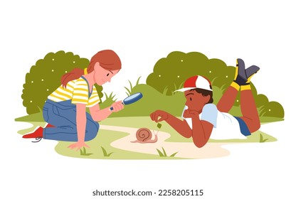 Kids explore nature with magnifying glass in summer garden or park vector illustration. Cartoon curious boy with green leaf, girl holding magnifier to watch snail, observe world in outdoor adventure