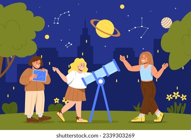 Kids exploring space concept. Girls at night with telescope look at stars and constellations, planets. Universe and galaxy. Astrology and astronomy. Cartoon flat vector illustration