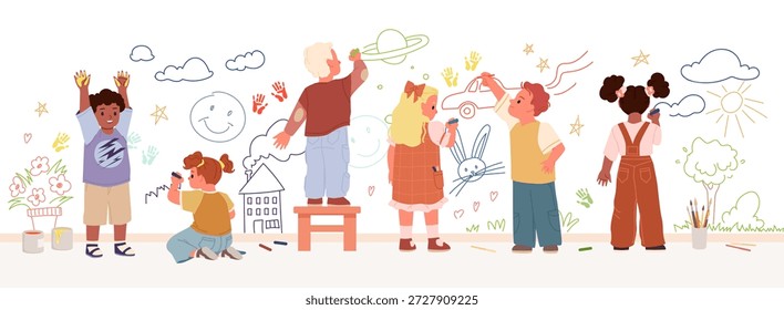Kids expressing creativity by drawing colorful pictures on a wall in a playful scene vector illustration