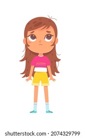 Ilustración vectorial de expresiones infantiles. Caricatura linda niña pequeña preocupada y reflexiva que está sola, infeliz niña solitaria con la cara confusa sintiendo ansiedad, fatiga y estrés aislada en blanco