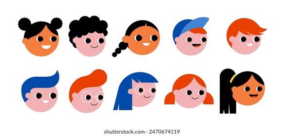 Kids face icons, collection of children avatars, illustrations. Flat geometrical style vector illustration