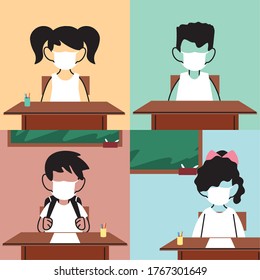 kids with a face mask in the classroom, protection from coronavirus or covid 19 vector illustration design