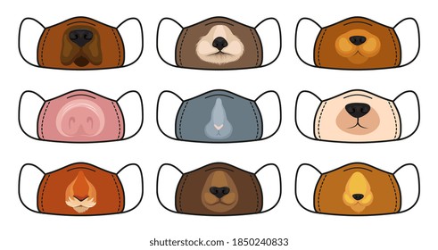 Kids face mask. Reusable personal protective equipments template. Diverse animals, dog tiger rabbit, antivirus carnival design elements vector collection