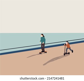 Kids With Face Mask Riding On Kick Scooter In Park Near River. Active Leisure And Outdoor Sport For Child. Vector Illustration.