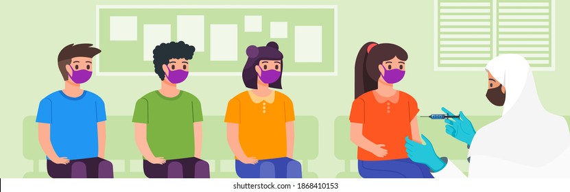 Kids with Face Mask Sitting in Line waiting for Vaccine Injection by Muslim or Arab Female Doctor in Clinic, Hospital or Public Medical Service. Children Vaccination or Immunization. Flat Design Style
