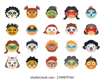 Kids face painting with various character drawings. Children masks. Vector flat style illustration