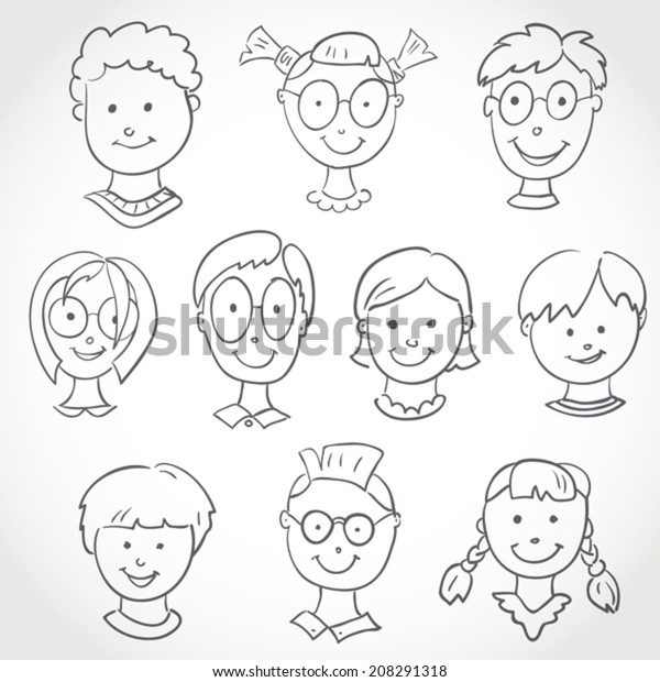 Kids Face Set Sketch People Objects Stock Image