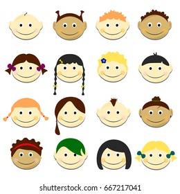 Kids face set vector illustration. Portraits with smile and various hairstyle
