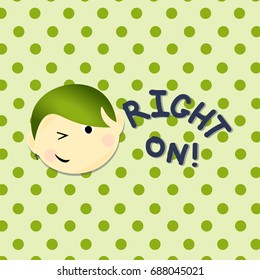 Kids face vector illustration. Vector Achievement school Labels. Emoji portrait with dots background and Right on word