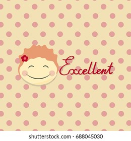 Kids face vector illustration. Vector Achievement school Labels. Emoji portrait with dots background and Excellent word